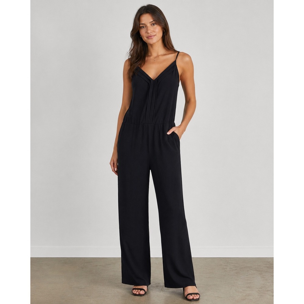 Joie Jumpsuit Womens Large Black Polyester Halter Straps Pockets Wide Leg